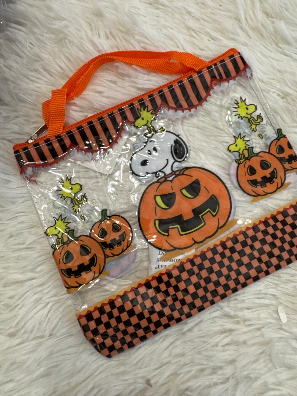 Snoopy Halloween clear pouch bag orange pumpkins black-and-orange checkered trim